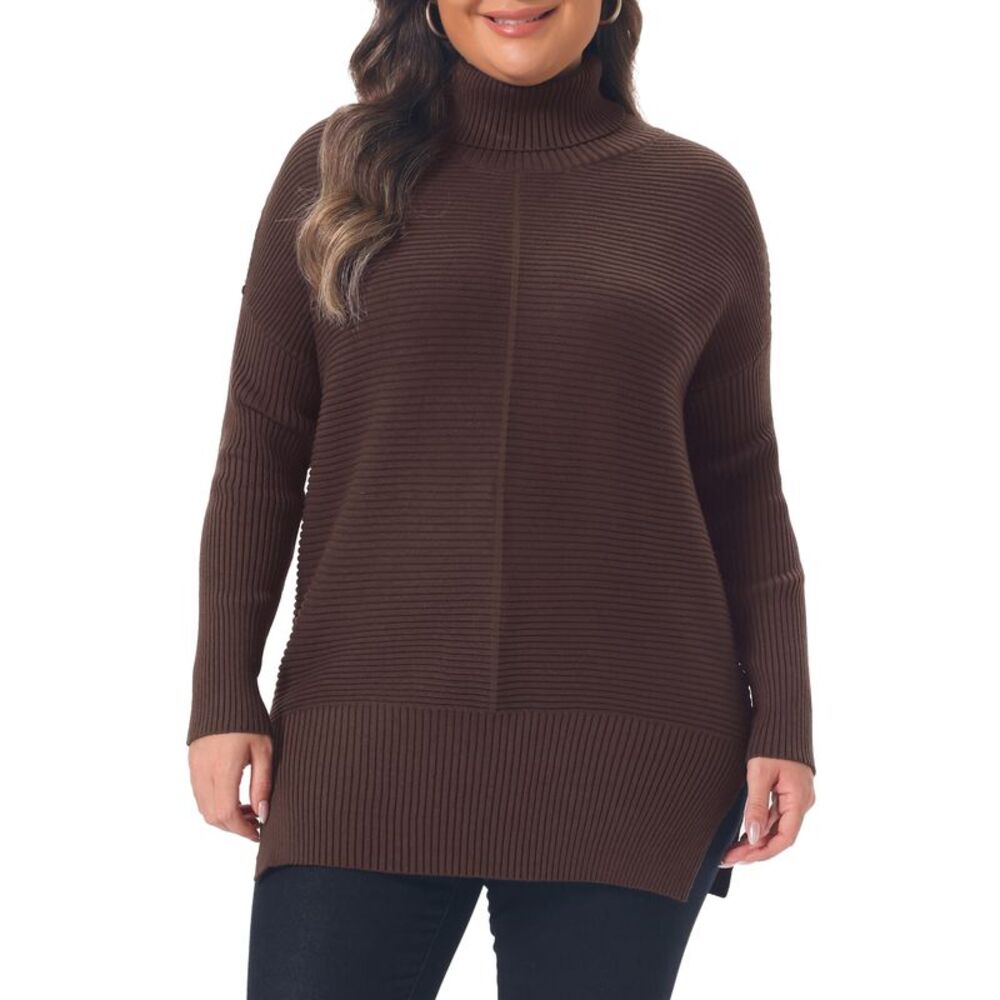Women Plus Size Turtleneck Loose Knit Pullover Sweater Coffee